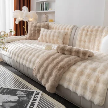 Зимний плюшевый коврик для дивана с кроликом, Зимняя Стильная Утолщенная Плюшевая подушка для сиденья, Хит продаж, Противоскользящий чехол для дивана в скандинавском минималистичном стиле