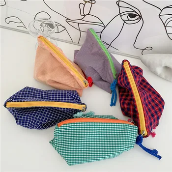 2022 Новая модная клетчатая косметичка из хлопчатобумажной ткани, женские дорожные сумки для макияжа, сумка на молнии, женская сумка для мытья туалетных принадлежностей в японском стиле