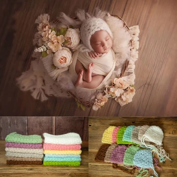 Комплект декораций для новорожденных, покрывало, реквизит для фотосъемки новорожденных, эластичная вязаная пеленальная сетчатая шапочка
